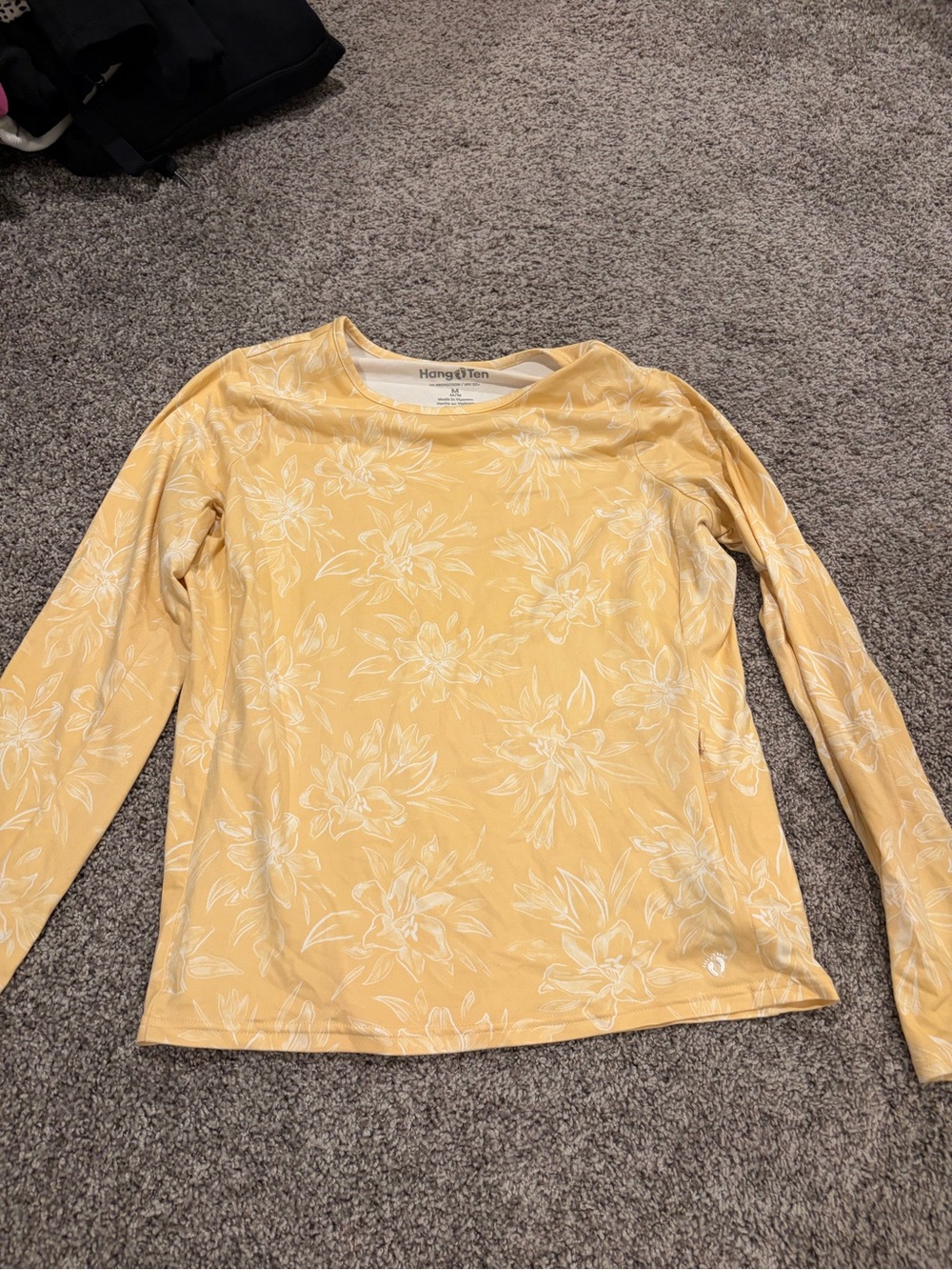 Hang Ten Women's Long Sleeve Floral Tee - Soft Yellow with White Print
